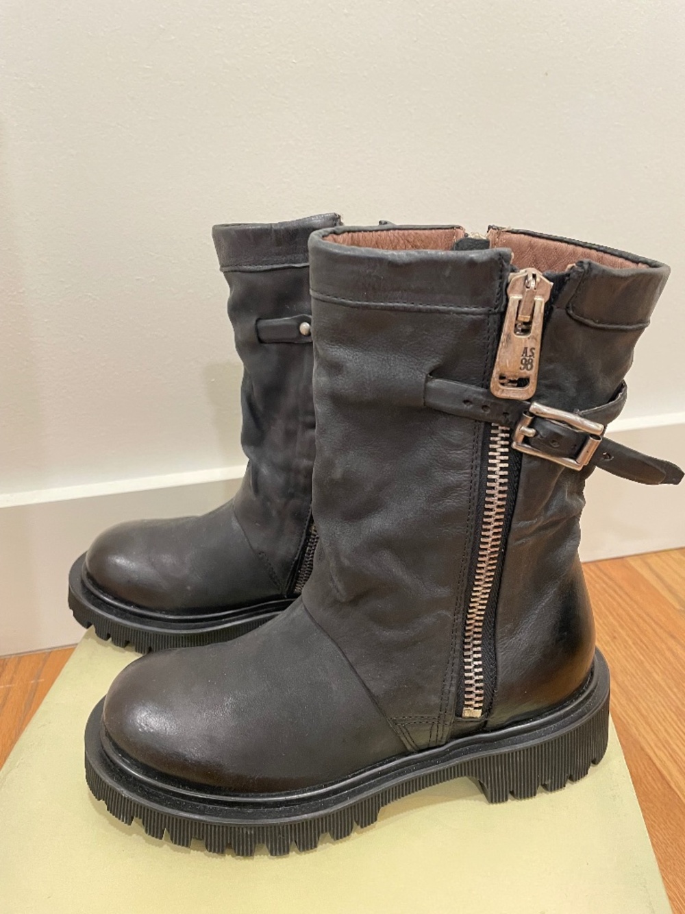 A.S.98 Black Leather Moto Combat Lug Boots EU 35 NWT